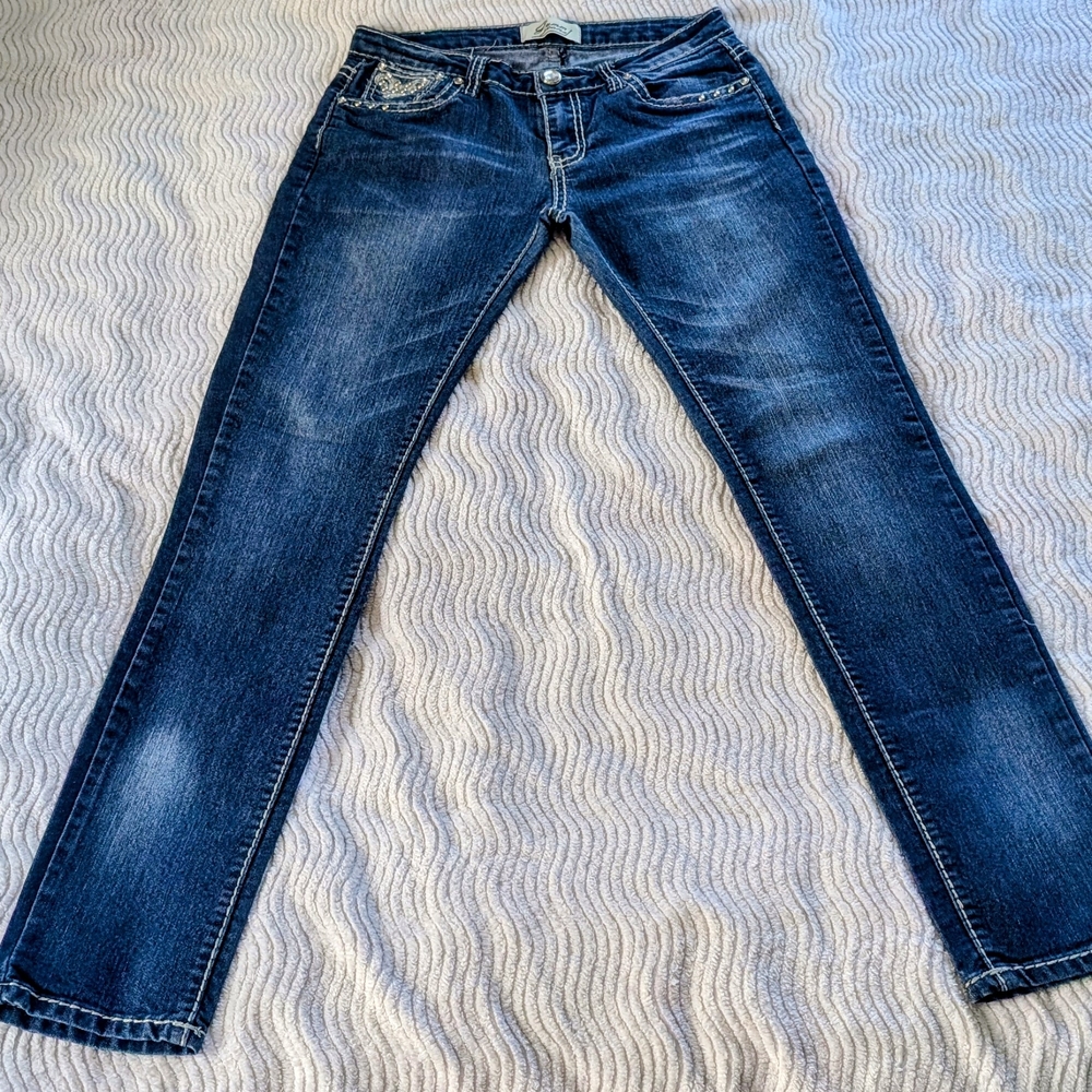 Dark Blue Wash Low Rise Y2K Style Women's Skinny Jeans Studd Pockets Embroidered